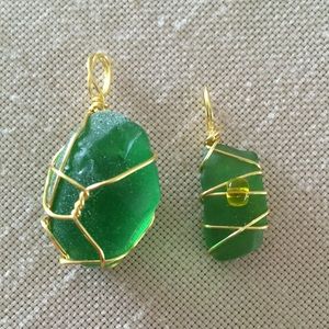 Hand Crafted 2 Pendants Green Gold Toned